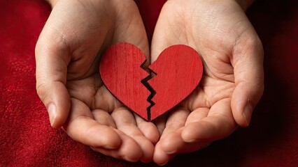 Fototapeta premium Fragmented Heart: A tender portrayal of a broken heart, cradled gently within open hands, embodying the delicate process of healing and emotional mending.