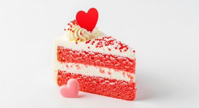Rebanada de pastel Red Velvet con glaseado de crema y chispas rojas, postre de celebraci&oacute;n con coraz&oacute;n decorativo, dulce tentaci&oacute;n para San Valent&iacute;n o aniversario
