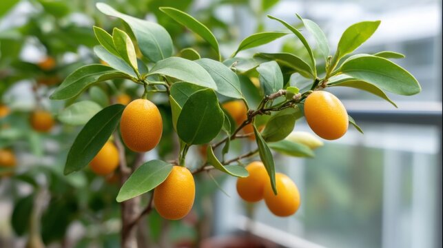 Lush kumquat tree full of ripe citrus fruits in home greenhouse, representing sustainable indoor farming trend 