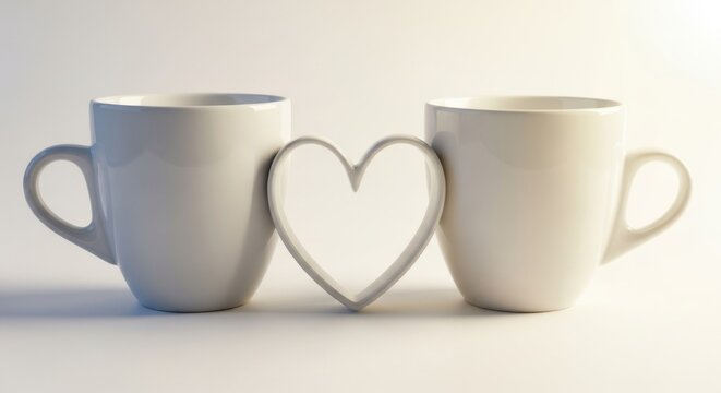 Tazas de caf&eacute; blancas unidas por un coraz&oacute;n, s&iacute;mbolo de amor y conexi&oacute;n, dise&ntilde;o minimalista para parejas, concepto de romance y unidad en cer&aacute;mica.