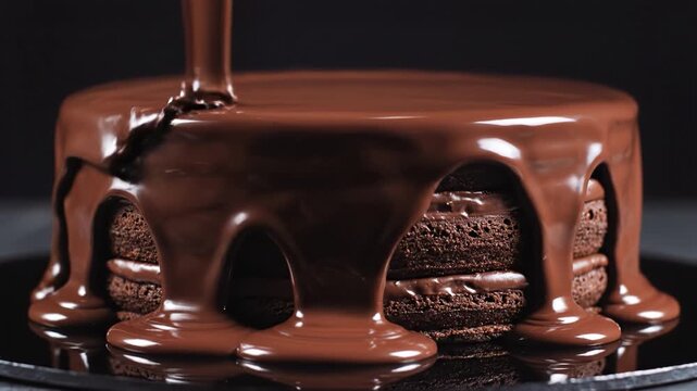 Chocolate cake ganache drip dessert frosting closeup, rich cocoa layer sponge stack with glossy glaze pour and drizzle on black plate, dark background, indulgent food texture