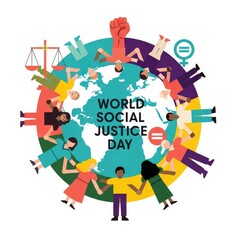 World Social Justice Day illustration with diverse people around the globe