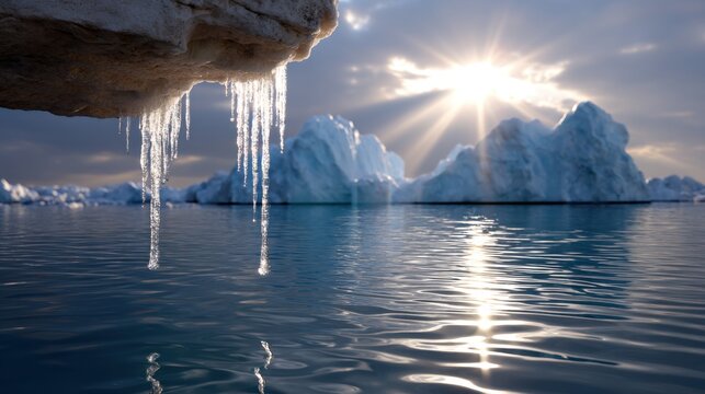 Melting polar ice caps under sun rays, representing the impact of greenhouse gases and global warming 