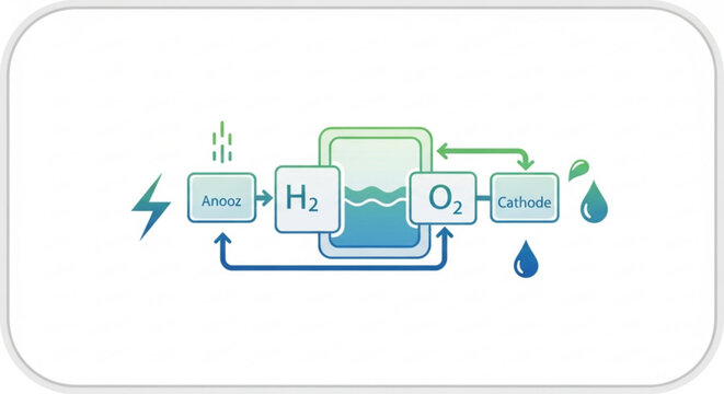 Electrolysis process diagram showing hydrogen and oxygen production with anode and cathode components