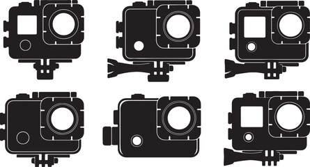 Black Solid Underwater Sports Camera Silhouettes Set of Six on White Background © AADIL