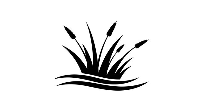 Black silhouette of cattails and reeds growing in water, a simple graphic design element.