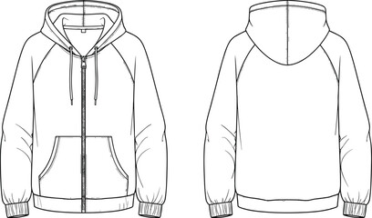 Zip Up Hoodie Technical Mockup for Men, Front and Back View Hooded Sweatshirt Flat Sketch, Apparel Design Template Vector Illustration, © Lija
