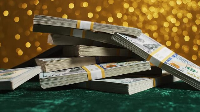 A collection of paper currency and metal coins spills from a leather wallet and pocket, featuring stacks of dollar and euro banknotes near office supplies like a stapler and finance book