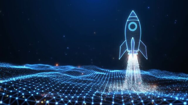 Futuristic digital rocket launching from a glowing blue network grid landscape with stars in the background