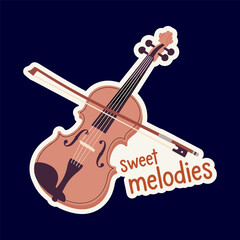 Vibrant violin sticker with sweet melodies text on dark background © MdSakib