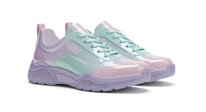 Fashionable translucent pastel sneakers with chunky soles on a white background