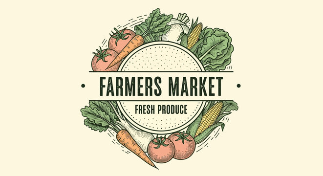 Vintage vector illustration of a farmers market logo with fresh produce like tomatoes, carrots, corn, and leafy greens, isolated on a light beige background.