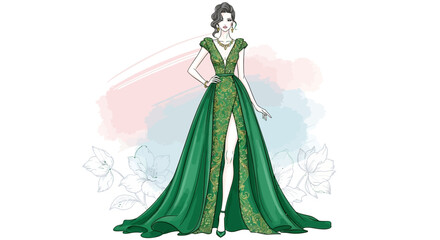 Elegant vector fashion illustration of a woman wearing a luxurious emerald green evening gown with intricate gold lace details and a flowing train