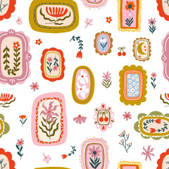 Folk Art Floral Frames and Decorative Botanical Elements