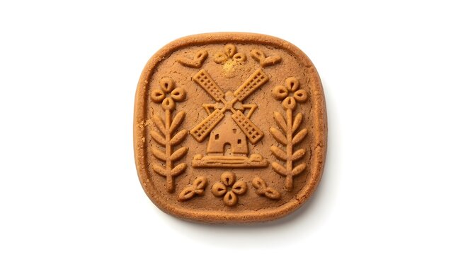 A traditional Dutch speculaas cookie shaped with an embossed windmill and floral pattern, photographed on a clean white background with natural texture and warm tones