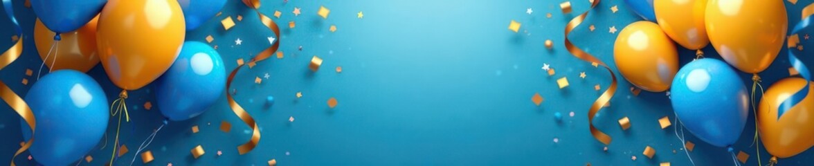 Golden & blue balloons, confetti burst, ribbons Festive backdrop , gold, glitter