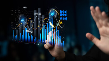 A creative visual representing business analytics, showcasing graphs, digital symbols, and trends...