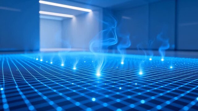 Futuristic digital corridor with blue glowing grid floor and lights