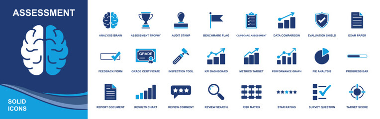 Assessment icon set. Containing brain, trophy, checklist, chart, shield, analysis, evaluation, feedback, progress, growth, survey, test, goal, performance, report, checkmark, magnifying glass, and mor © Ahas