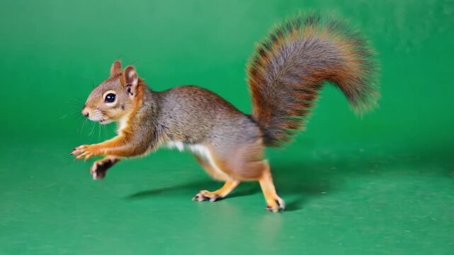 Red squirrel in motion on a green screen background, side view, fast-moving rodent, playful, wild, nature, energetic, forest animal, studio footage