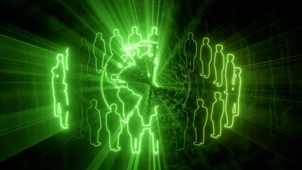 Fototapeta premium Abstract Green Neon World Globe with Human Silhouettes and Glowing Energy Rays for Global Networking Concept