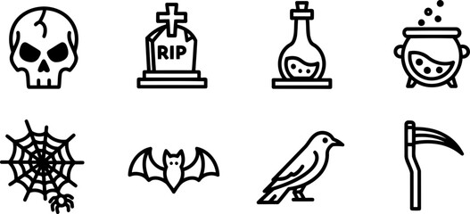 St. Skeletor's Day Halloween Icons. Black and White Line Art