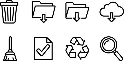 Digital Cleanup Day icons: trash, folders, cloud, broom, check, recycle, search