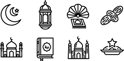 Ramadan Islamic icons set in black and white line art