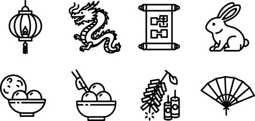 Chinese Lantern Festival icon set: dragon, rabbit, and food