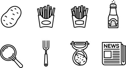 National Chip Week icons: potato, fries, shaker, fork, peeler, news