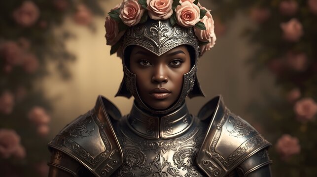 Portrait of female knight in ornate armor with rose flower crown, powerful fusion of warrior strength and romantic elegance