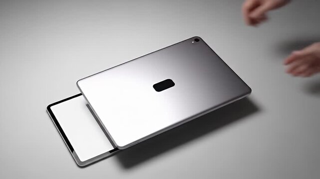 Hands align a gray tablet over a blank white screen tablet on a gray surface