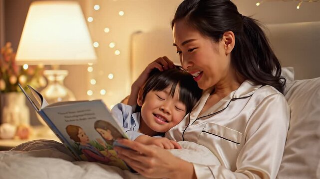A mother reads a bedtime story to her young son in a cozy bedroom for family marketing.