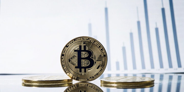 Gold digital currency coin on financial chart showing market volatility and cryptocurrency investment growth potential