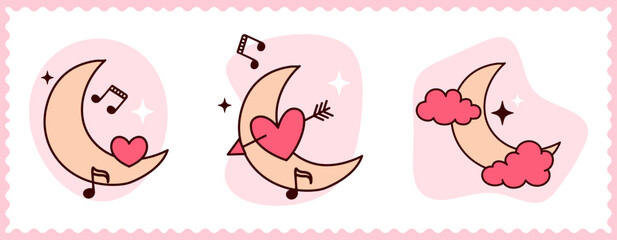 Romantic Crescent Moon with Heart, Clouds, and Music Notes, Valentine&rsquo;s Day Flat Vector Illustrations