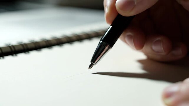 Close-up of a hand writing on a notebook with a pen.