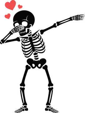 A skeleton dabbing with hearts above its head in a funny pose
