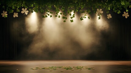 A dark stage with flowers and leaves hanging from above and spotlights shining down on the empty floor with a smoky atmosphere and a sense of anticipation