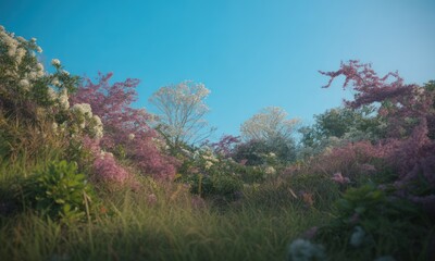 A vibrant field blooms with pink, white, and green flora under a clear blue sky