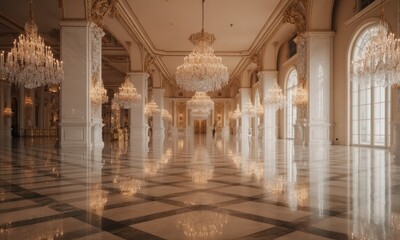 Opulent ballroom with chandeliers, marble floor, and arched windows