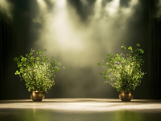 Two potted plants on a stage with lush green foliage, spotlights shining down, creating a dramatic ambiance in a theatrical setting
