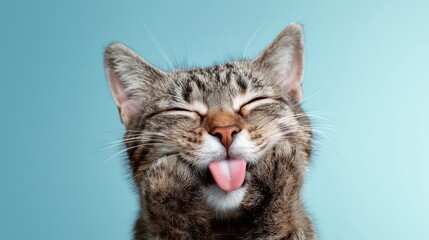 Obraz premium Cute tabby cat happily washing its face with tongue out on blue background.