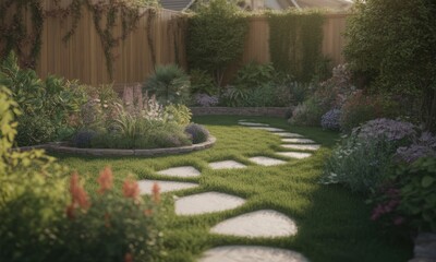 A sunlit, lush garden with stone path winding through flowers and green