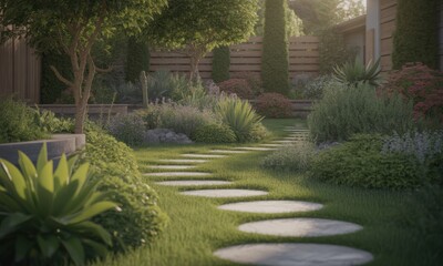 Sunny garden path winds through lush greenery, leading toward a wooden fence