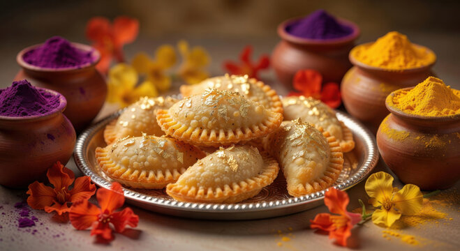 A vibrant still life featuring golden gujia sweets surrounded by colorful holi powders and flowers