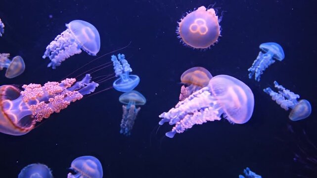 Jellyfish swimming in the dark blue ocean, viewed from above, with translucent bodies glowing in soft light