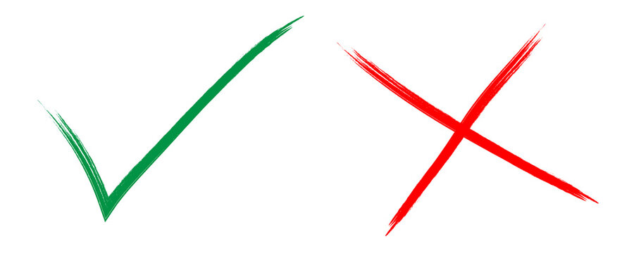 Green check mark and red cross x hand drawn grunge brush strokes isolated on a transparent background
