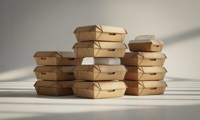 Stack of takeout containers, lit with natural shadows on a white surface