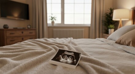 Ultrasound image on bed in cozy bedroom with a window and dresser