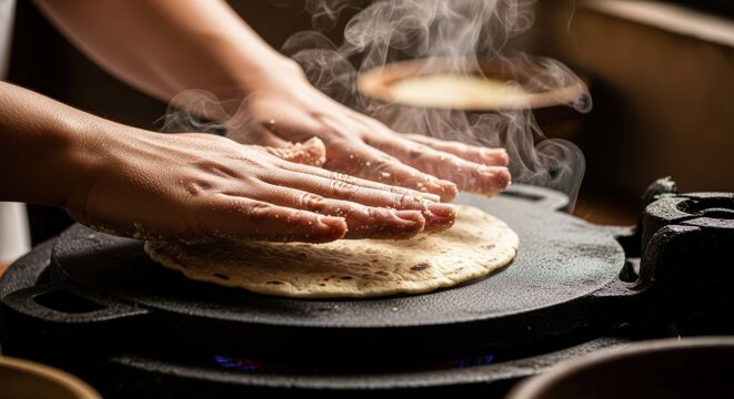 Making Tortillas on Comal Using Hands Mexican Cooking Tradition Culinary Skill and Homemade Recipe Close Up Food Preparation Scene